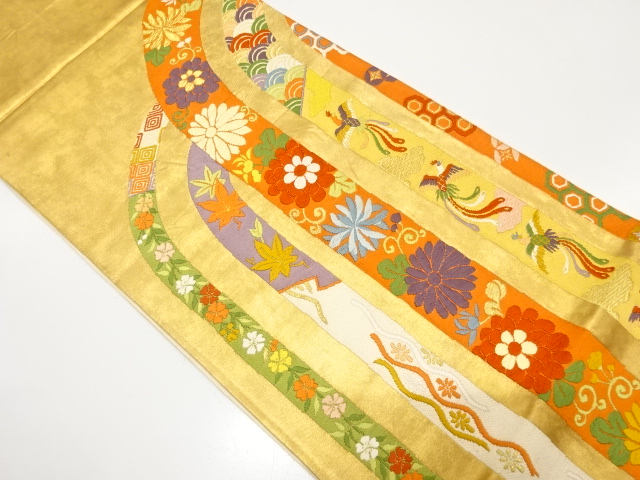JAPANESE KIMONO / ANTIQUE FUKURO OBI / SILK / WOVEN PHOENIX & FLOWERS & CLASSICAL PATTERN